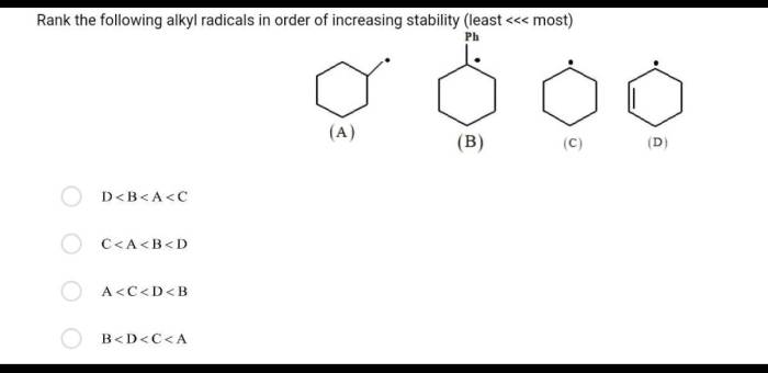 Rank the following compounds in order of increasing stability.